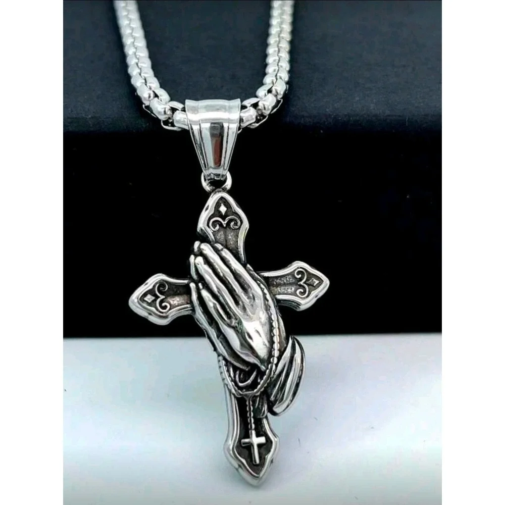 Mens Stainless Steel Praying Hands Cross Pendant‎ Necklace Religious Jewelry